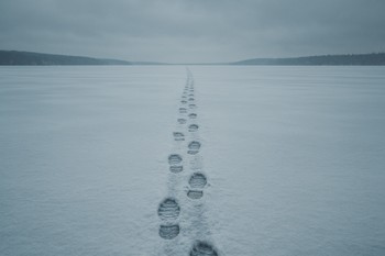 Длинная цепочка следов от ботинок и санок на снегу