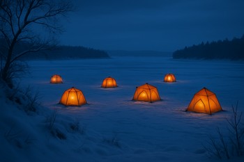 Лагерь рыболовов на льду, снятый с небольшого пригорка на синем часе