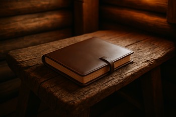 Закрытый блокнот с ручкой лежит на деревянной лавке у льда