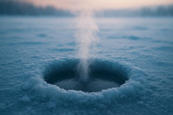 Лунка на рассветном льду, над которой поднимается пар