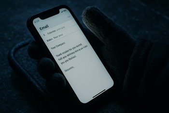 Смартфон с открытым письмом в руках в перчатках на фоне снега