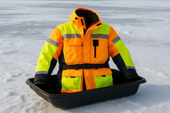 Спасательный жилет аккуратно сложен на санях для выезда