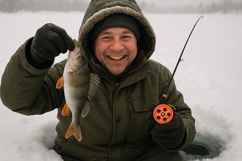 Рыбак с небольшим уловом улыбается на льду