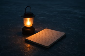 Лампка освещает блокнот с заметками на столике в палатке