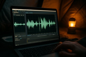 Ноутбук с аудиодорожкой и текстом истории на экране