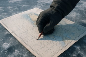 Рука рисует маршрут выезда карандашом на схеме озера