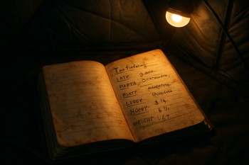 Блокнот с заметками освещён лампой внутри зимней палатки