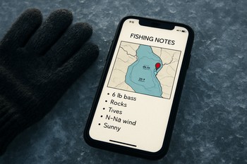 Смартфон с заметками о рыбалке лежит на льду рядом с перчатками