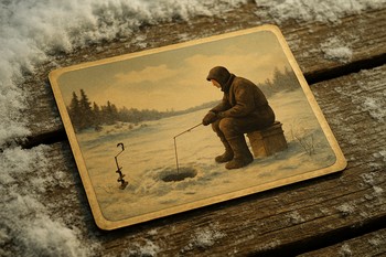 Открытка с зимним пейзажем лежит на деревянном столике со снегом