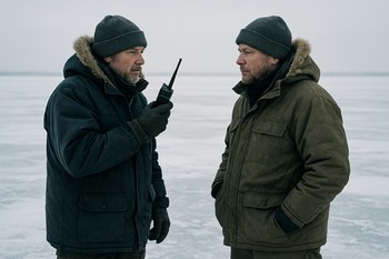 Рация лежит на льду рядом с лункой