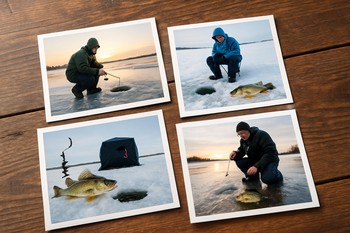 Фотографии с зимней рыбалки разложены на столе в виде ленты сезона