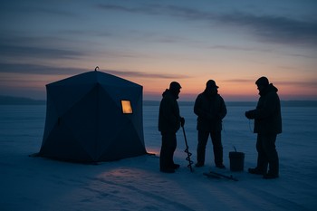 Палатка на льду, вокруг которой стоят рыбаки в сумерках