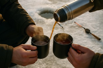 Термос и кружки на снегу во время паузы на рыбалке