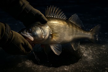 Рыбак вываживает судака на закате над лункой